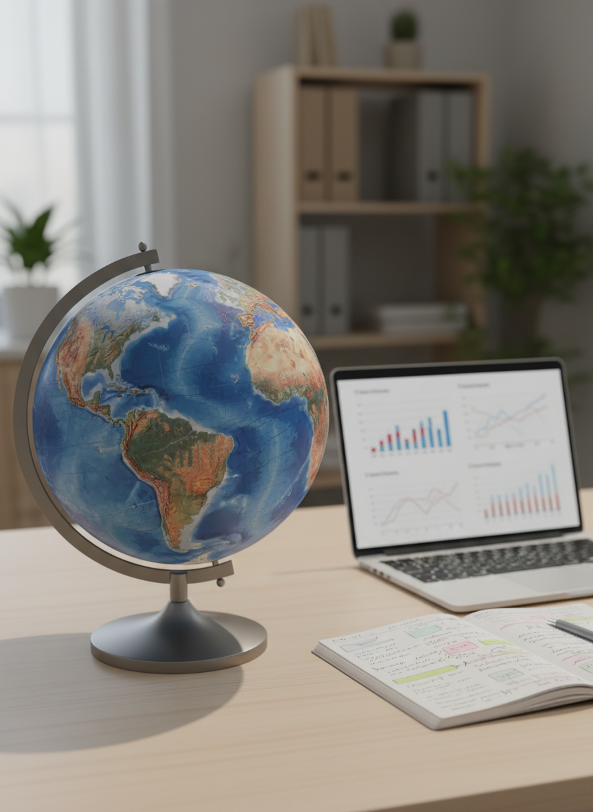 A large, detailed globe made of textured, matte-finish material shows swirling blue oceans and clearly defined continents, with temperature gradients subtly overlaid in translucent reds and blues to represent climate change. The globe rests on a minimalist light-wood desk beside an open, annotation-filled notebook and a sleek laptop displaying graphs. Soft daylight from an unseen window to the left creates gentle highlights on the globe’s curved surface and casts calm, elongated shadows. The background is a softly blurred academic office with shelves of neutral-toned binders. Shot at eye level with a shallow depth of field, the composition is clean and professional, emphasizing photographic realism and a focused, studious mood suitable for an online climate education course homepage.